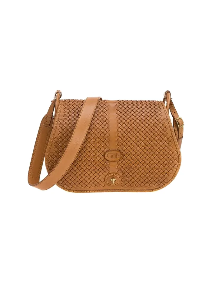 GÖN camel hand-woven leather crossbody bag with horn hardware